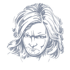 Vector portrait of angry woman with wrinkles on her forehead