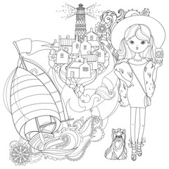 Vector cute fashion girl with dog.