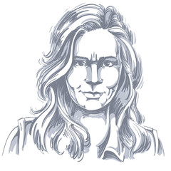 Artistic hand-drawn vector image, black and white portrait of woman
