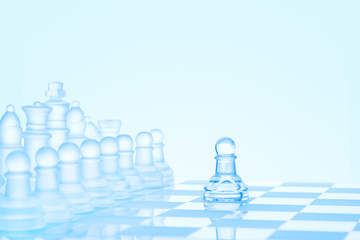 No fear / Leadership and bravery concept; an icy frosted single pawn staying against a full set of chess pieces on chessboard.