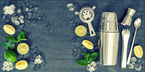 Bar accessories. Ingredients cocktail drink vintage