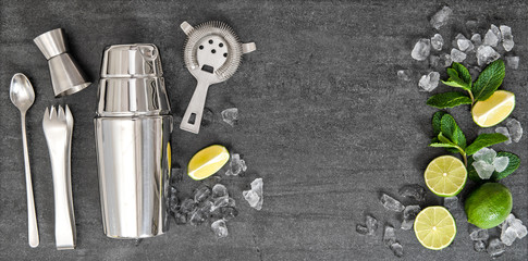 Bar accessories ingredients for alcohol cocktail drink