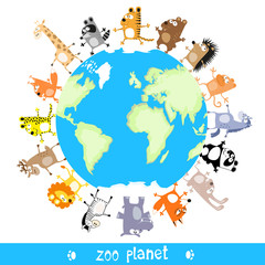 Zoo planet with cute animals drawing in funny cartoon style isolated on white background for kids and preschool education. Vector illustration
