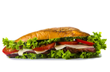Sandwich salad tomatoes cheese bread catering on a white background.