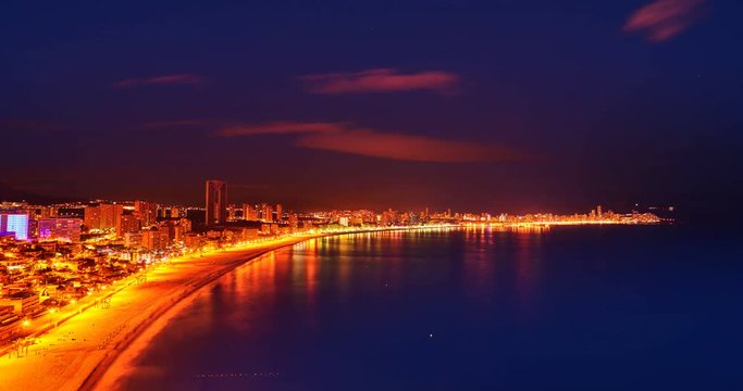Benidorm Alicante playa de Poniente beach sunset timelapse in Spain Valencian community