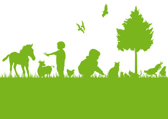 Naklejka na ściany i meble Silhouetten Kinder mit Tieren auf Bauernhof