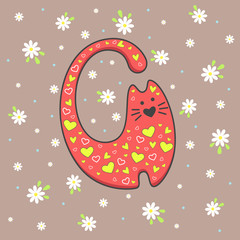 Vector illustration of red cat on background with flowers