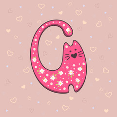 Vector illustration of pink cat on background with hearts