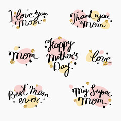 Mother's Day hand drawn phrases set. Template, greeting card