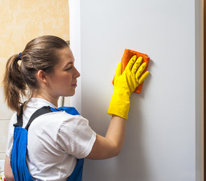 Female janitor cleaning refrigerator door with rag
