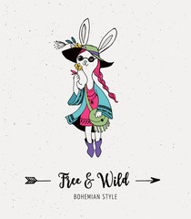 Bohemian fashion girl , bunny, rabbit, boho style