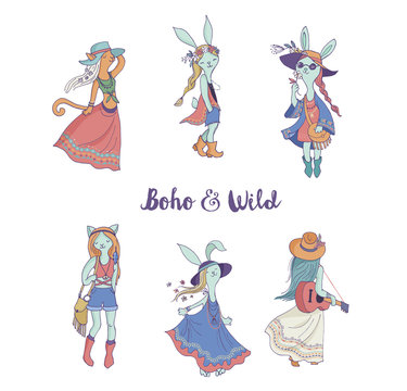 Bohemian fashion girls , bunny and cats, boho style
