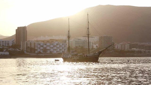 Los Cristianos beach in Arona Tenerife south vintage boat at Canary Islands of Spain