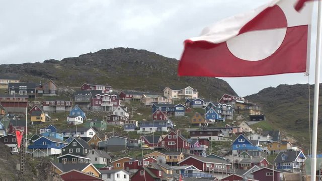 The flag of Greenland flies of the southern town of  Qaqortoq