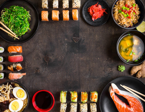 Sushi and japanese food on dark background