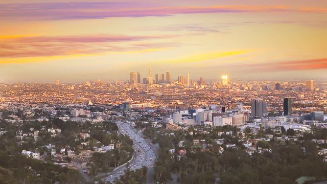 Downtown LA night Los Angeles sunset skyline California from high view