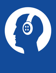 Vector illustration of a male head in profile wearing a set of headphones in white on blue
