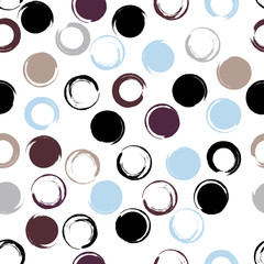 Cute vector geometric seamless pattern. Brush strokes. Polka dots. Hand drawn grunge texture. Abstract forms. Endless texture can be used for printing onto fabric or paper