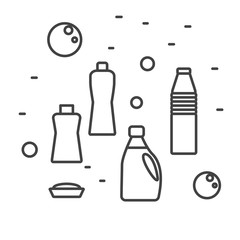 Cleaning detergent supplies in modern line style. Vector illustration. Chemical products in household bottles.