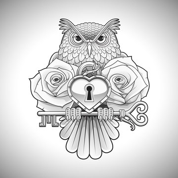 Beautiful black tattoo design of an owl holding a key with a heart locket and roses. Vector illustration.