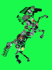Many new spare parts in the form of a horse isolated on green screen, chroma key