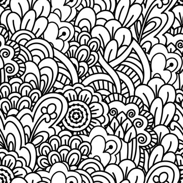 Seamless black and white background. Floral, ethnic, hand drawn elements for design. Good for coloring book for adults or design of wrapping and textile.