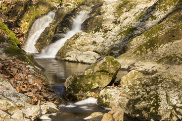 kleiner wasserfall im wald zwischen felsen und ein bach