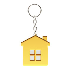 Golden key chain in the form of a house isolated on white background.