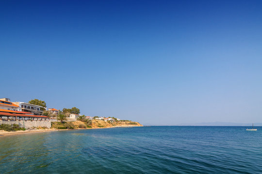 Sunny view of Mediterranean sea from Nea Fokia, Greece.