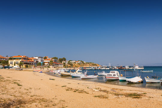 Sunny view of Mediterranean sea from Nea Fokia, Greece.