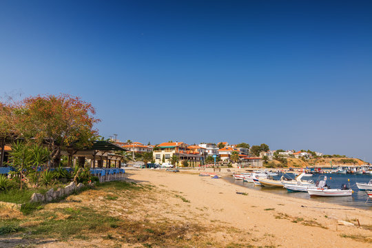 Sunny view of Mediterranean sea from Nea Fokia, Greece.