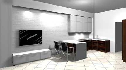 interior kitchen with living room 3D render