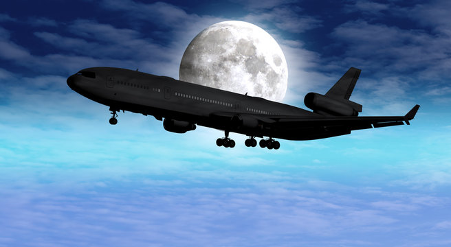 Passagierflugzeug mit Fahrwerk am Abend mit Mond