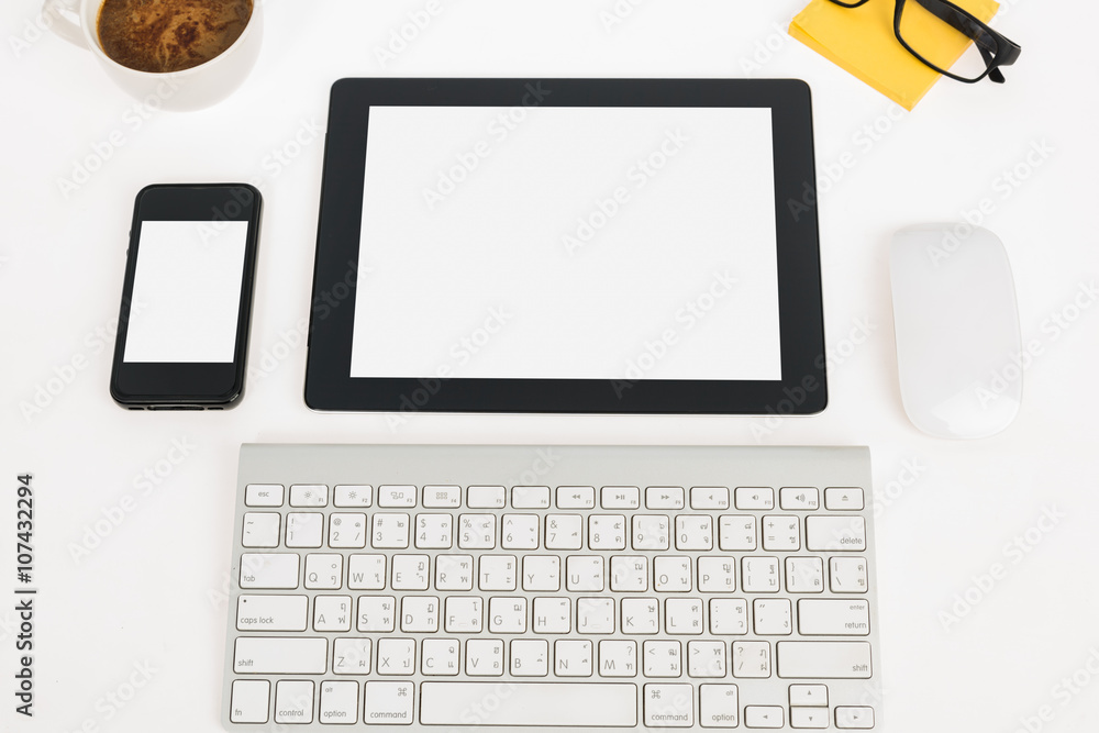 Poster digital tablet touch pad computer with keyboard, mouse and coffe