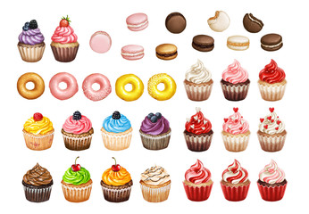 Bakery and pastry products icons set with various sorts of cupcakes, doughnuts and macarons for bakery shop or food design on white isolated background