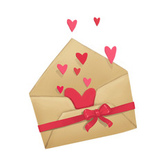 Illustration of open envelop with hearts and red bow