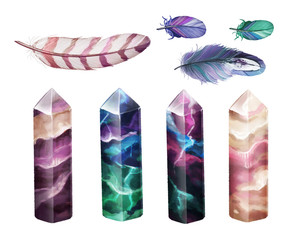 Icon set of fluorite crystals and feathers on white isolated background