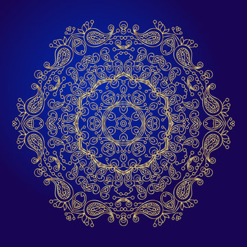 Mandala, Amulet. Esoteric Gold Symbol On A Blue Background.