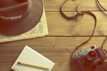 vintage reporter hat fedora camera / vintage vision of the profession of reporter