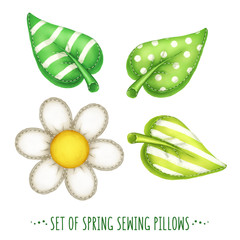 Icon set of spring sewing pillows in daisy and leaves shape