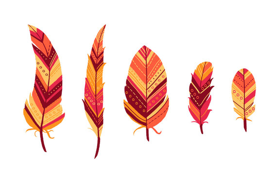 Icon set of boho tribal abstract feathers in red tones on white isolated background