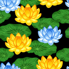 Natural seamless pattern with lotus flowers and leaves. Background made without clipping mask. Easy to use for backdrop, textile, wrapping paper