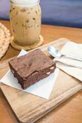 Delicious Chocolate Brownie on wooden tray