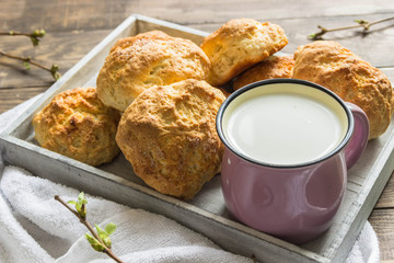 Fresh rolls and a Cup of milk  and lavender