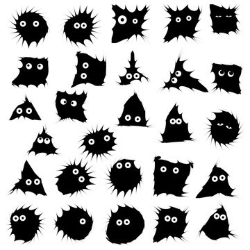 Black funny monsters ink blots isolated set on white background. Emotions Stickers concept. Vector Illustration