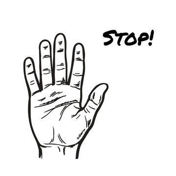 One Hand showing five fingers. Stopping gesture. stop character. Opened palm. Painted vector. Contour arm. Illustration 