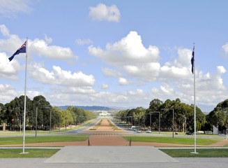 The view from the Australian War Memorial down Anzac Parade and across to both the old and new parliament houses. 