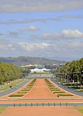 The view from the Australian War Memorial down Anzac Parade and across to both the old and new parliament houses. 
