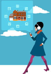 Young woman checking a home security system on her smart-phone, EPS 8 vector illustration, no transparencies
