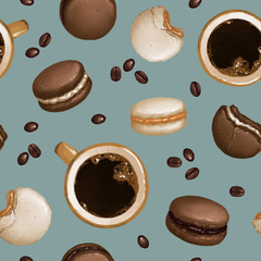 Coffee & Macarons set seamless pattern on blue grey